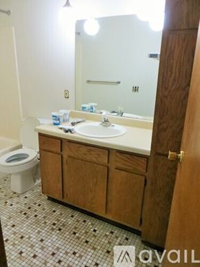 Minneapolis apartment for rent - A bathroom with a toilet, sink, and mirror.