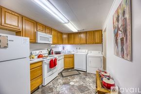 Lakewood townhouse for rent - A kitchen with wooden cabinets and a white refrigerator.