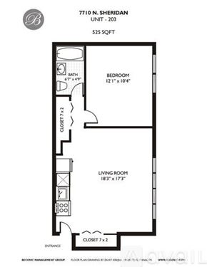 Chicago apartment for rent - A floor plan for a 203 square foot unit at 7710 N. Sheridan shows a bedroom, a living room, and a bathroom.