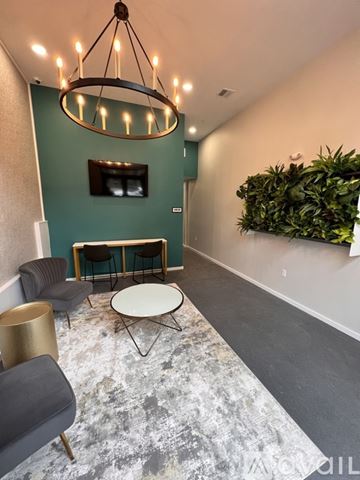 Lowell apartment for rent - A living room with a grey carpet and a green wall.
