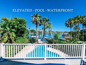 Madeira Beach house for rent - A pool surrounded by palm trees and bushes.