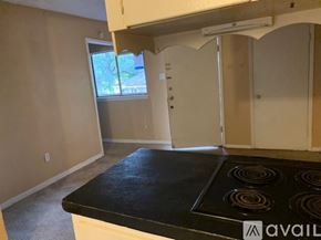 Houston apartment for rent - A kitchen with a black countertop and white cabinets.