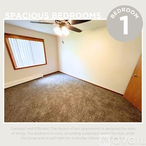 Emmetsburg apartment for rent - A spacious bedroom with a ceiling fan and a window.
