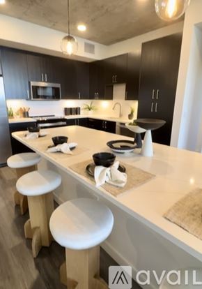 St. Petersburg apartment for rent - A kitchen with black cabinets and white countertops.