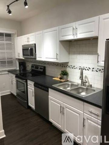 Tampa apartment for rent - A kitchen with white cabinets and black countertops.
