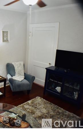 Tampa apartment for rent - A living room with a grey chair and a black fireplace.