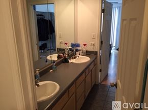 Chicago house for rent - A bathroom with two sinks and a large mirror.