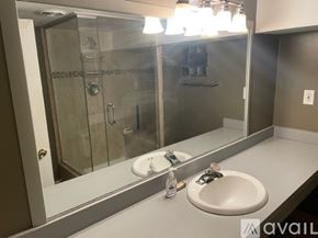 Chicago apartment for rent - A bathroom with a sink, mirror, and shower.