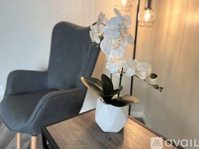 Victoria apartment for rent - A black chair sits next to a table with a vase of white flowers on it.