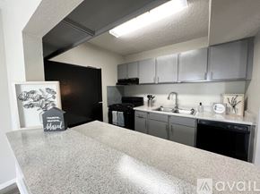 Victoria apartment for rent - A kitchen with a granite countertop and a sign that says "thankful".