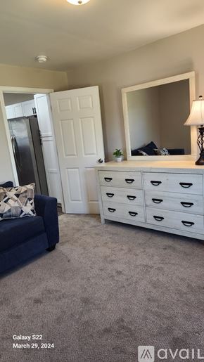 Greenville house for rent - A bedroom with a white dresser and a blue couch.
