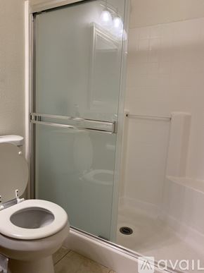 Corona apartment for rent - A white toilet sits next to a glass shower door in a bathroom.