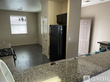 Horizon City house for rent - A black refrigerator in a kitchen with a pink door.