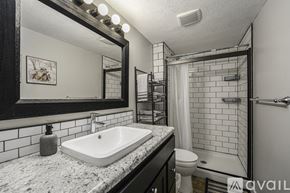Grand Rapids apartment for rent - A bathroom with a sink, mirror, and toilet.