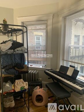 Boston apartment for rent - A room with a cluttered bunk bed, a piano, and a cat tree.