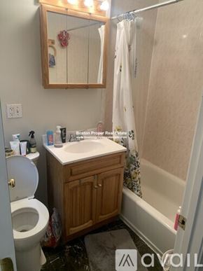 Boston apartment for rent - A bathroom with a toilet, sink, and mirror.