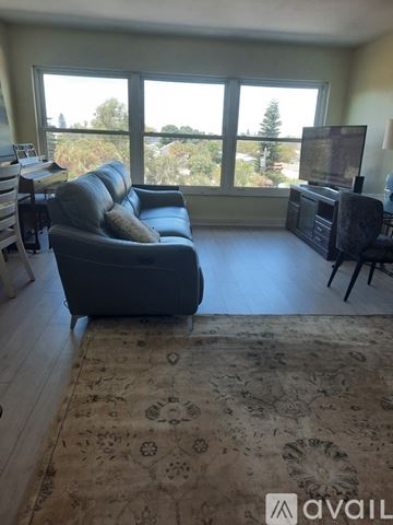 St. Pete Beach apartment for rent - A living room with a grey couch and a rug with a pattern on it.