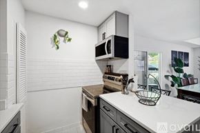 Dallas house for rent - A kitchen with a white countertop and a microwave above it.