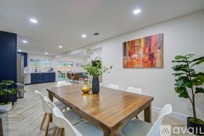 Friendswood house for rent - A dining room with a wooden table and white chairs.