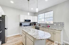 Lewisville house for rent - A kitchen with a granite countertop and a refrigerator on the left.