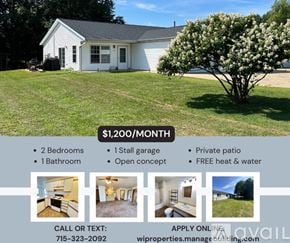 Nekoosa apartment for rent - A real estate advertisement for a property with a monthly price of $1,200, featuring two bedrooms, a stall garage, a private patio, free heat and water, and an open concept.