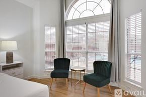 Plano house for rent - Two green chairs are placed in front of a window with white blinds.