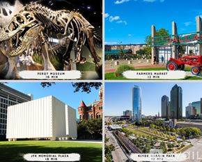 Dallas house for rent - A collage of four images showing a dinosaur skeleton, the Dallas skyline, a building with JFK Memorial Plaza, and Klyde Warren Park.