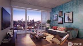 Queens apartment for rent - A living room with a view of the city skyline.