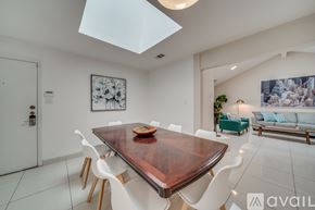Plano house for rent - A modern dining room with a wooden table and white chairs.