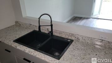 Titusville house for rent - A kitchen sink with a black faucet on a granite countertop.