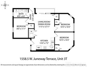 Chicago apartment for rent - A black and white image of a floor plan for a 3-bedroom apartment.