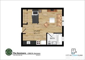 Chicago apartment for rent - A floor plan of a studio apartment with a bathroom and a studio space.