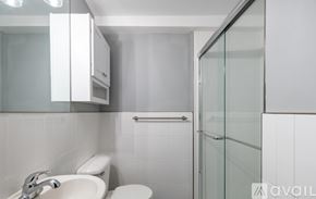 Highland Park apartment for rent - A white bathroom with a glass shower door.