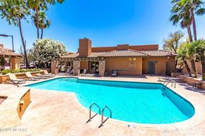 Tucson condo for rent - A large swimming pool in front of a house with a patio and palm trees.
