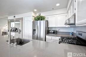 Oceanside apartment for rent - A modern kitchen with a stainless steel refrigerator and a plant on top.
