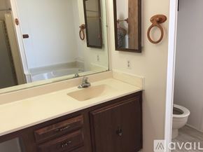 Hemet house for rent - A bathroom with a sink, mirror, and toilet.