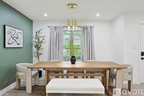 Irving house for rent - A dining room with a wooden table and chairs.