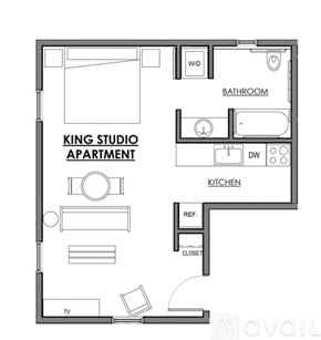 New Castle apartment for rent - A floor plan of a King Studio Apartment with a bathroom, kitchen, and living room.