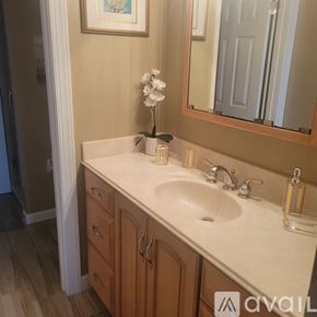Fort Pierce condo for rent - A bathroom with a sink, mirror, and a vase of flowers.