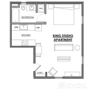 New Castle apartment for rent - A floor plan of the King Studio Apartment.