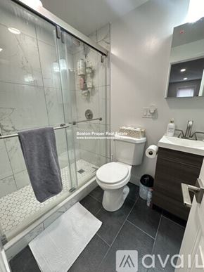Boston apartment for rent - A bathroom with a toilet, sink, and shower.