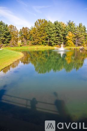 Columbiana house for rent - A lake with a fountain in the middle surrounded by trees.