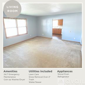 Alton apartment for rent - A living room with a list of amenities and appliances.