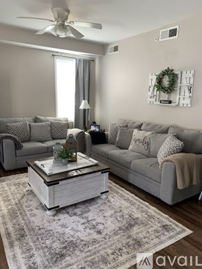 Cincinnati apartment for rent - A living room with a grey couch, a coffee table, and a rug.
