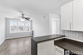 Chicago apartment for rent - A kitchen with a counter and cabinets is available for rent.
