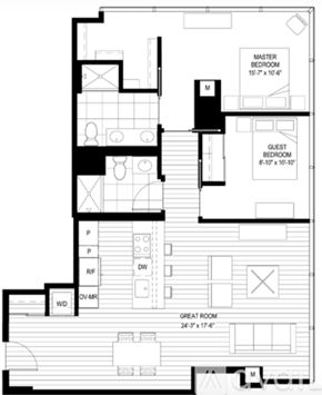 Chicago apartment for rent - A black and white floor plan of a two bedroom apartment.