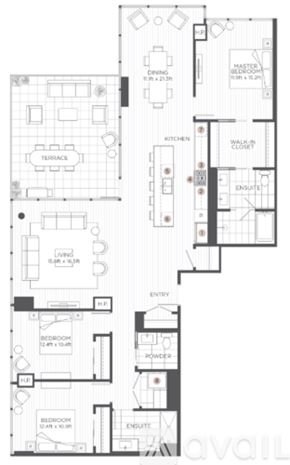 Chicago apartment for rent - A floor plan of an apartment with two bedrooms, a living area, a kitchen, and a terrace.