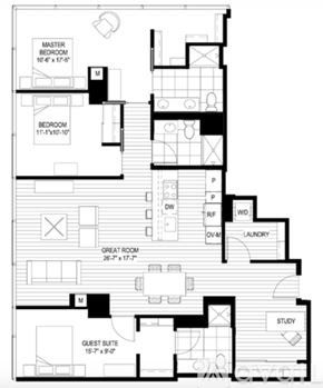 Chicago apartment for rent - A black and white image of a floor plan for a house with a master bedroom, two other bedrooms, a great room, a study, a laundry room, and a guest suite.