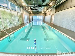 Chicago apartment for rent - A swimming pool with the text "ONE CHICAGO" on the bottom.