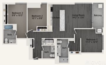 Chicago apartment for rent - A floor plan of a home with three bedrooms, a living room, a kitchen, and a balcony.